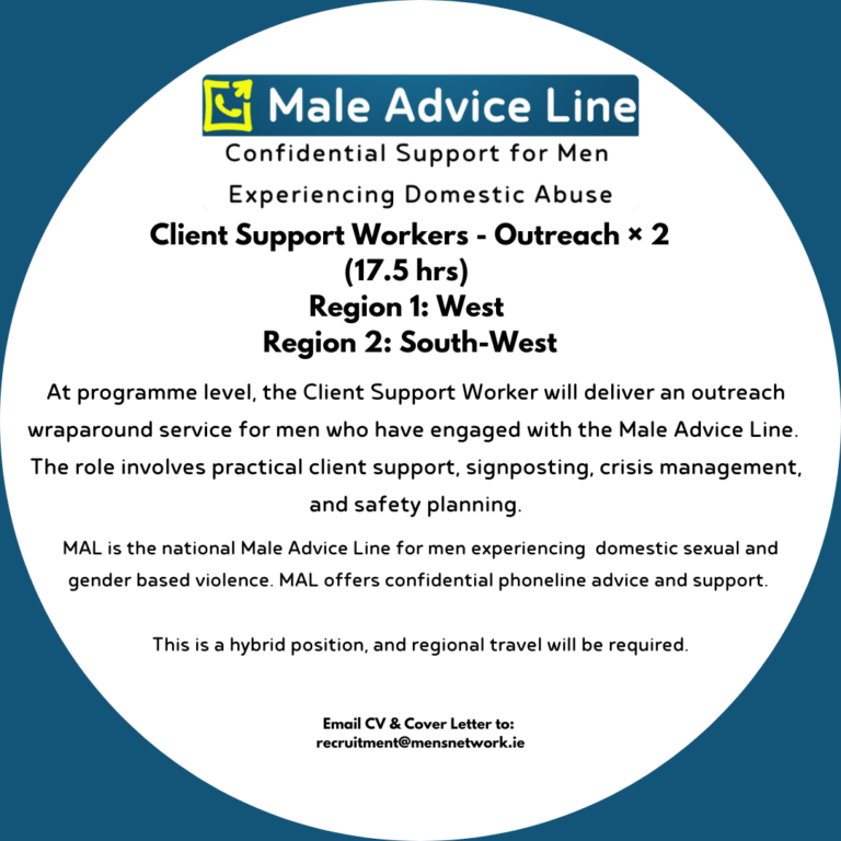 Recruitment graphic for Male Advice Line Client Support Worker positions in the West and South-West regions