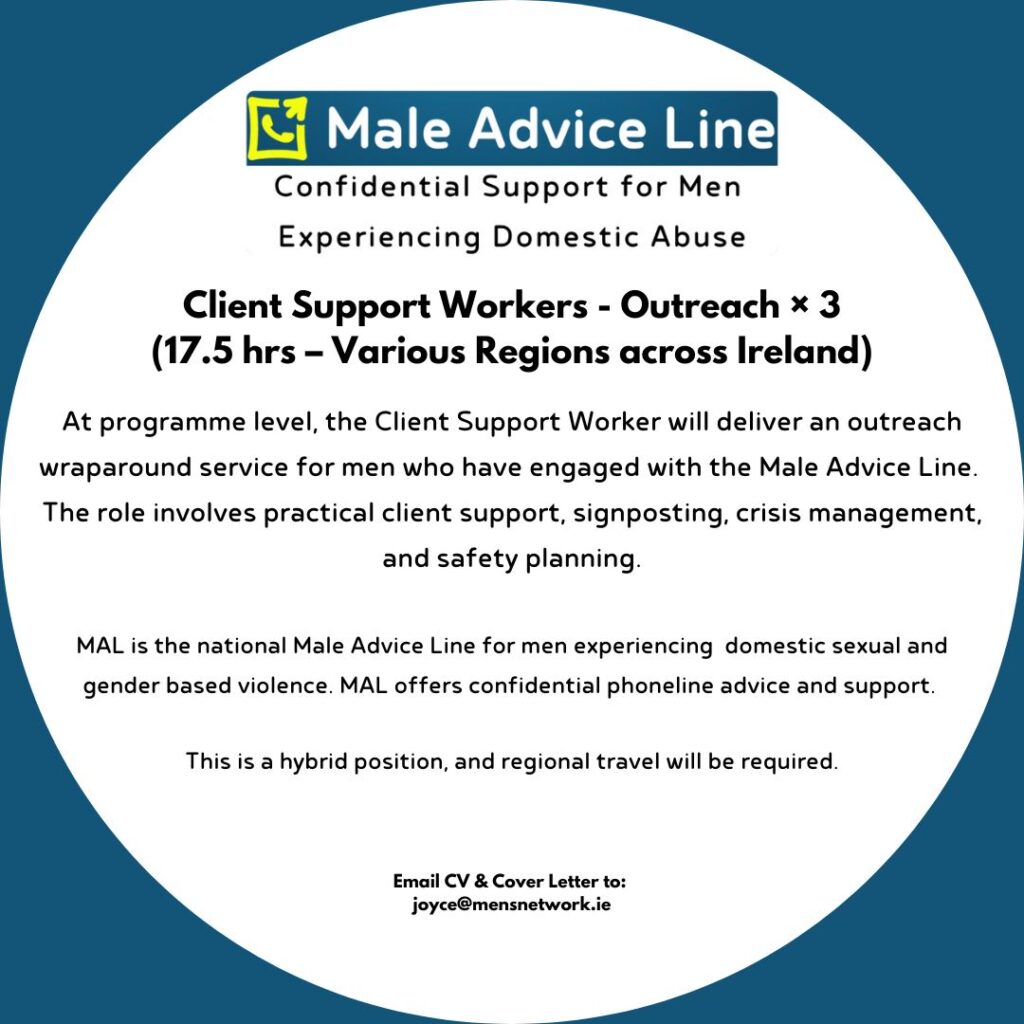 Graphic advertising three part-time Client Support Worker roles with the Male Advice Line, providing outreach support for men experiencing domestic abuse across Ireland.