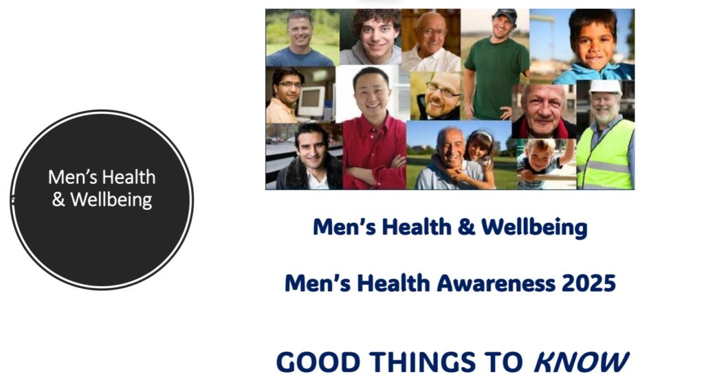 A collage of men and boys of different ages smiling in various settings, including outdoor, casual, and work environments. The text reads: “Men’s Health & Wellbeing,” “Men’s Health Awareness 2025,” and “Good Things to Know.” A black circular graphic on the left also contains the words “Men’s Health & Wellbeing.”