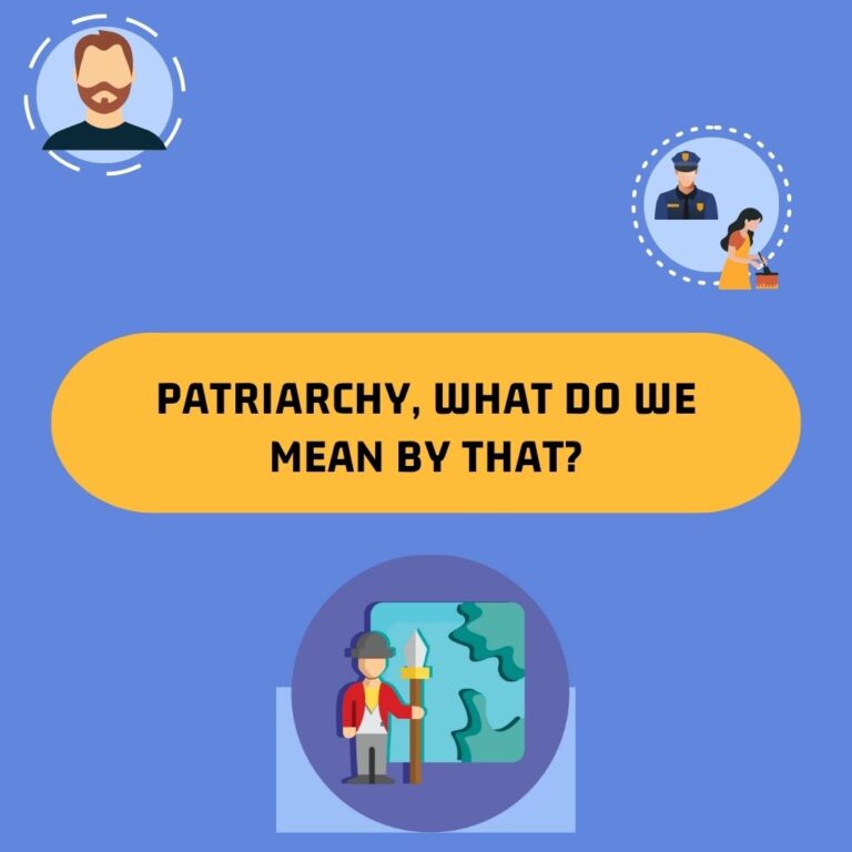 Graphic with the title “Patriarchy, what do we mean by that?” featuring simple illustrated icons representing different people and roles.