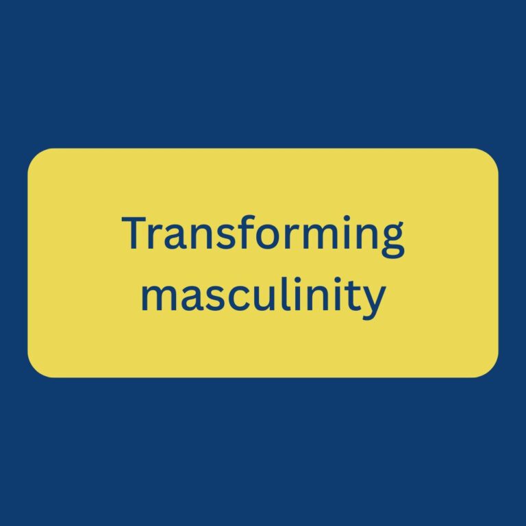 Graphic with the text “Transforming masculinity?” on a yellow background.